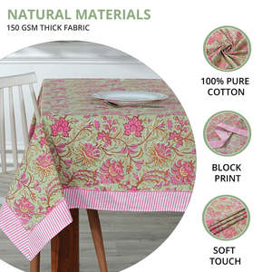 Indian Floral Handmade Block Printed Cotton <b>Tablecloth</b> Pistachio Green and Watermelon Pink Rectangular for Wedding or Dining - Product Image 3