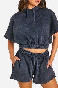 Ensemble de survêtement deux pièces pour femme, style OEM, comprenant un short de sport délavé et un sweat à capuche à épaules tombantes, idéal pour le sport et le jogging. - Product Image 3