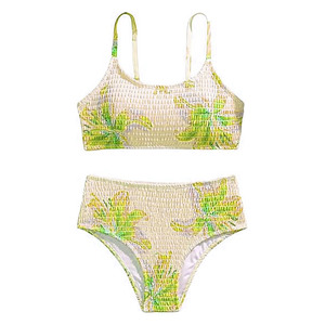 Ensemble de bikini 2 pièces pour femmes, imprimé floral, taille haute froncée, extensible, en spandex et polyester, maillot de bain imprimé numérique, vêtements de plage - Product Image 2