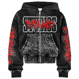 Sudaderas con capucha Vintage para mujer con estampado de diamantes de imitación bordado personalizado de gran tamaño con dobladillo crudo recortado lavado con ácido y cremallera - Product Image 1