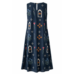 Vestido Midi A-Line de Algodón 100% Jaipur Navy con Elegante Estampado a Bloques y Bordado para Mujer, Tallas XS-5XL, Ideal para Fiestas y Salidas Nocturnas - Product Image 2