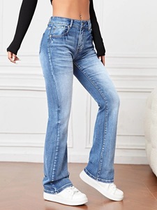 Wholesale <b>Women</b> Denim Pants Mid Waist Stretch Breathable Quick Dry Straight Leg Solid Washed <b>Summer</b> Y2K Casual <b>Trousers</b> - Product Image 2