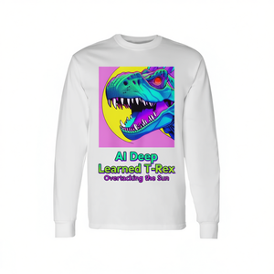 Camiseta promocional de manga larga con estampado de T-Rex superando al sol, con diseño de IA de aprendizaje profundo - Product Image 2