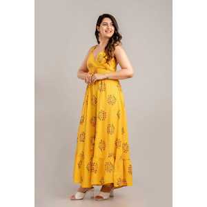 SHKUP1363 sin mangas mostaza Floral estampado Fit Flare Maxi vestido diseño personalizado elegante aberturas translúcido característica libre para el día - Product Image 6