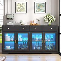 Aparador Moderno Negro Ajustable de Madera de Roble con Luces LED, Puertas de Cristal, Almacenamiento para Cocina, Barra de Café y Cajones