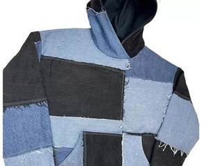 Personalizado Denim Patchwork Raw Eged Custom Logo Pullover Sudadera con capucha Sudaderas Hombres Chándal Oversized Hombres Sudadera con capucha - Product Image 6