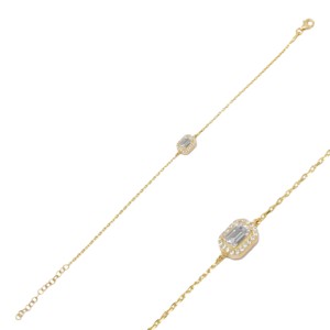 Dainty Square Design Shiny Baguette Stone <b>Charm</b> Bracelet Turkish Handmade Wholesale 925 Sterling Silver Jewelry - Product Image 1
