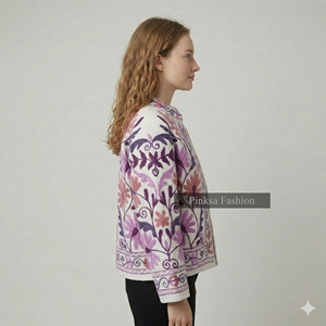 Chaqueta Artesanal Premium de Terciopelo y Algodón con Bordado Suzani Ecológico - Elegante Motivo Floral de Granada, Patrimonio Cultural - Product Image 4