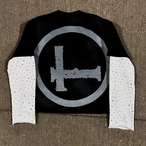 เสื้อยืดผู้ชายทรงโอเวอร์ไซส์ผ้าฝ้ายปักลายแบบดิสเทรสสองชั้นประดับด้วยหิน รุ่น 2026 - Product Image 5