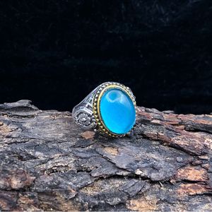 Wholesale <b>Men's</b> Blue Zircon Oval Shape <b>Ring</b> Natural Gemstone Silver Plated Brass With Oxidized Stone Fine Crystal Jewellery - Product Image 6
