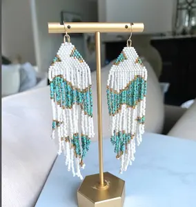 Beaded Fringe <b>Earrings</b>/ Seed Bead/ Long Boho Statement Jewelry/ Neutral Gold Cream <b>Turquoise</b> Fringe Tassel <b>Earrings</b> - Gold Long - Product Image 1