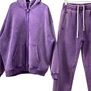 Purple Acid Washed Zip Hoodie Tracksuit Men <b>Vintage</b> Fleece <b>Jacket</b> Sweatpants Set Oversized Streetwear Winter Casual Outfit - Product Image 2