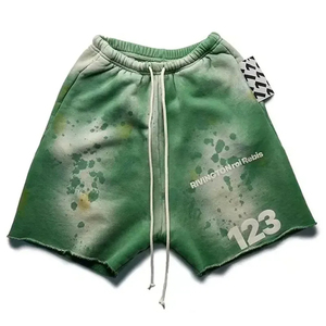 <b>Men's</b> Custom LOGO Distressed Embroidery Cotton <b>Sweat</b> <b>Shorts</b> Sun Faded Cut Edge Acid Wash Quick Dry Breathable Casual Print Style - Product Image 1