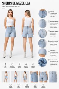 Short en jean délavé bleu clair taille haute avec détails rivets, coupe asymétrique, coupe droite, style décontracté d'été - Product Image 1