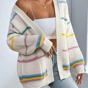 Cárdigan de punto con parte delantera abierta para mujer, suéter suelto informal de manga larga con diseño de rayas coloridas para la moda de otoño e invierno - Product Image 2