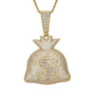 Collar con Colgante de Bolsa de Dinero y Signo de Dólar, con Moissanita y Micro Pavé, Estilo Hip Hop, Chapado en Oro - Product Image 1