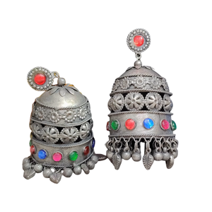 Boucles d'oreilles surdimensionnées pour femmes, oxydées, avec pierres, élégance ethnique, finition argentée, charme vintage, mariages, événements culturels - Product Image 2