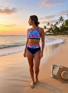 Ensemble 2 pièces rétro pour femme, imprimé cachemire, orné de perles, haut dos nu taille haute, maillot de bain respirant à séchage rapide, idéal pour les fêtes estivales à la piscine - Product Image 2