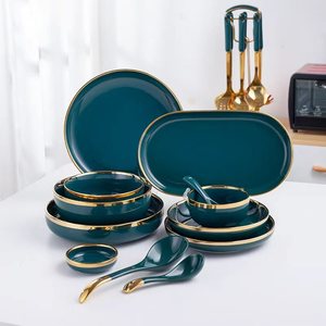 Stylish <b>Titanium</b> Gold Rimmed Green Coloured Porcelain Dinnerware Sets <b>Plates</b> Bowls Dishes BPA Free Eco-Friendly Wholesale for - Product Image 1