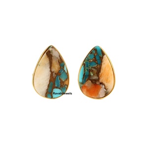 Boucle d'oreille minimaliste en cuivre et turquoise du fabricant pour femme 8x9mm, lunette en or rhodié 925 avec diamants, cadeau - Product Image 2