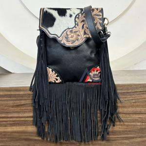 Sac à bandoulière en cuir de vachette véritable, style western, avec franges, aspect vintage, pour femmes, style western, nouveauté 2026 - Product Image 1
