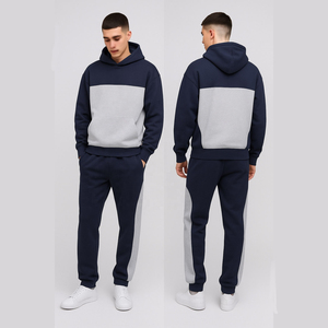 2025 hommes couleur bloc survêtement ensemble Logo personnalisé bleu marine gris à capuche survêtement pantalon vêtements de sport décontracté survêtement d'entraînement pour homme - Product Image 1