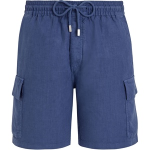 Pantalones Cortos Cargo Azules Sólidos para Hombre, Cintura Media, Cordón Ajustable, Cintura Elástica, Bolsillos, Estilo Casual, Bermuda, 100% Algodón, Tela Oxford - Product Image 1