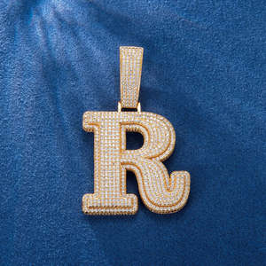 <b>Letter</b> <b>R</b> Pendant <b>Necklace</b> Gold Plated Moissante 925 silver Pave Setting Hiphop Style Unisex Jewelry - Product Image 1