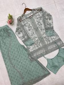 Conjunto Palazzo con blusa Diseño estilo mariposa con bordado de lentejuelas Trabajo Elegante traje de fiesta étnico de tres piezas - Product Image 4