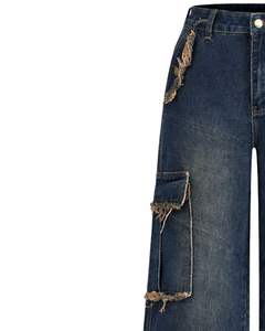 Jeans cargo à jambes larges bleus personnalisés pour femmes, pantalon en denim taille haute avec poches déchirées, streetwear, fabricant de mode - Product Image 4