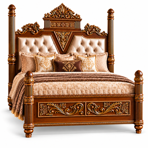 Ensemble de chambre à coucher Royal Regency en teck massif fait main, taille King, avec tête de lit capitonnée sculptée à la main et tables de chevet assorties, pour villas aux États-Unis - Product Image 2