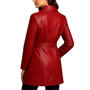 Abrigo de Cuero Auténtico de Lujo para Mujer, Chaqueta Hecha a Mano, Rojo, Ajustada, Transpirable, Larga, Bordada, Elegante, para Invierno, Motocicleta - Product Image 2