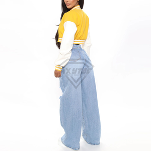 Crop Slim Fit Women <b>Yellow</b> Crop Varsity Baseball Bomber Jacket Wholesale Customized Embroidery Women Letterman College Jacket - Product Image 5