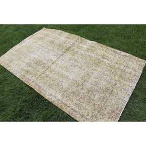 Vintage Area Rug 4x6.7 ft (121x204 cm), Turkish <b>Yellow</b> Animal Print <b>Wool</b> Rug - Product Image 2