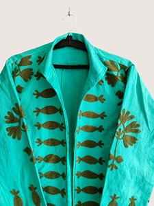 Manteau décontracté à col ouvert brodé de fleurs turquoise, manches longues, col rond, pour femmes grandes tailles, vêtements d'extérieur d'hiver, style bohème, respectueux de l'environnement - Product Image 4