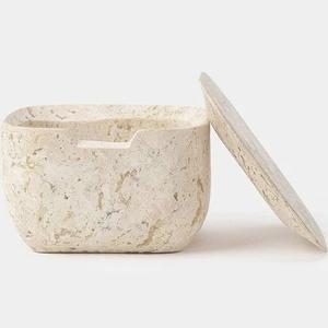 Boîte de rangement ronde en travertin artisanal avec bouton en métal offrant une texture naturelle, une qualité durable et un charme décoratif moderne et élégant - Product Image 5