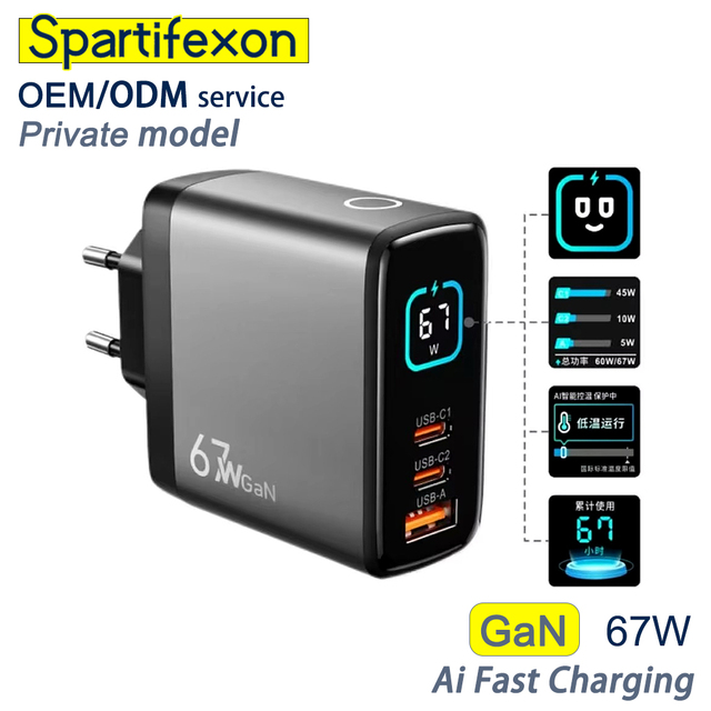 67W/65W Gan Charger with Smart Display USB-C/USB-A Touchscreen Fast Charging Adapter for Home/Office Desktop Phones Fast Charger