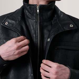 Chaqueta de Cuero Genuino de Oveja Clásica Negra Sean con Cremallera, Estilo Casual de Motero, Bordado Técnico para Otoño, Talla XS - Product Image 4