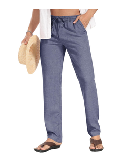 Pantalon en lin à cordon pour hommes Pantalon ample de plage d'été décontracté Coupe décontractée et ceinture élastique extensible Pantalon à coupe personnalisée - Product Image 1