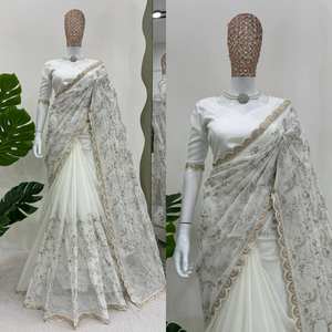 Saree en soie pure douce de créateur indien de couleur blanche, belle broderie travail et séquence bordure de travail pour mariage et fête - Product Image 6