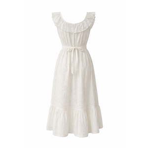 Vestido Midi Formal Elegante para Mujer, 100% Algodón, Cuello Redondo, Detalle de Botones, Cintura Imperio con Volantes, Ideal para Celebraciones, Fiestas y Graduaciones - Product Image 6