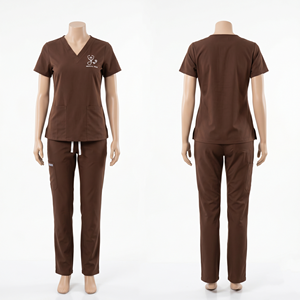 Uniforme Médico Premium de Poliéster, Rayón y Spandex, 180 GSM, Color Marrón, Cuello en V, Dos Bolsillos, con Logotipo Personalizado por Transferencia Térmica - Product Image 1