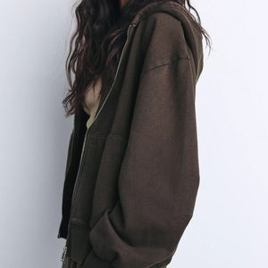 Venta al por mayor de alta calidad sudaderas con capucha de las mujeres 80% Algodón 20% poliéster Color liso bordado Zip Up Oversize Drop Shoulder Hoodie - Product Image 2