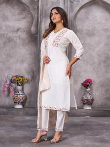 Women White Embroidered <b>Kurta</b> Pant Set with Dupatta Cotton Ethnic Wear - Product Image 5