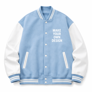 Light Blue Varsity <b>Jacket</b> Custom Design Unisex Casual Baseball <b>Jacket</b> With <b>White</b> Sleeves And Front Button Closure - Product Image 1