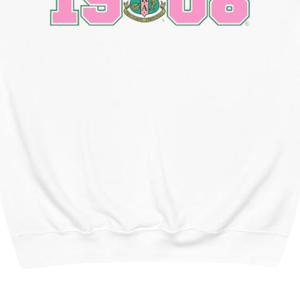 Sudadera con cuello redondo AKA 1908 Year Crest, color rosa claro con letras griegas verdes y blancas, suéter de lana para hermandad - Product Image 5
