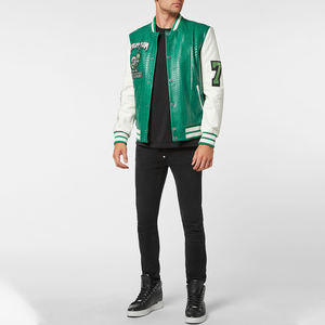 2025 chaqueta de bombardero de béisbol de cuero con logotipo bordado personalizado para hombre, chaqueta universitaria transpirable de lana y algodón con cuello levantado y cierre de cremallera - Product Image 4