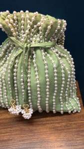 Beautiful Designer Light Green Potli <b>Bag</b> for Women with Embellished Crystal Glass Beads <b>Pearls</b> and Embroidery Work for Weddings - Product Image 2