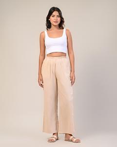 Nouveau pantalon large beige élégant pour femme, coupe décontractée/ample, uni, tissage uni, taille élastique, coton extensible - Product Image 3