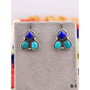 Southwest Geometric Stud <b>Earrings</b> Lapis Lazuli & Kingman Turquoise with Sterling <b>Silver</b> Bezel Setting - Product Image 1